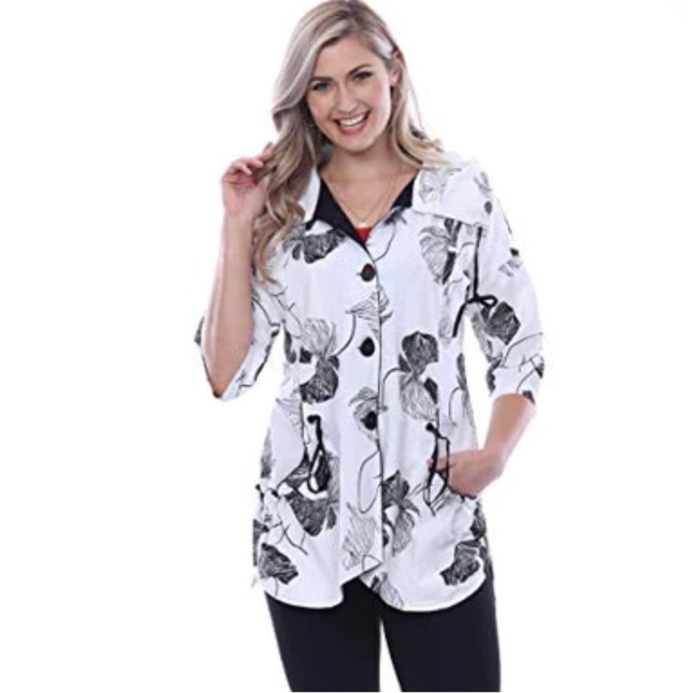 Parsley and‎ Sage Tunic Top White Black Floral Cotton XL